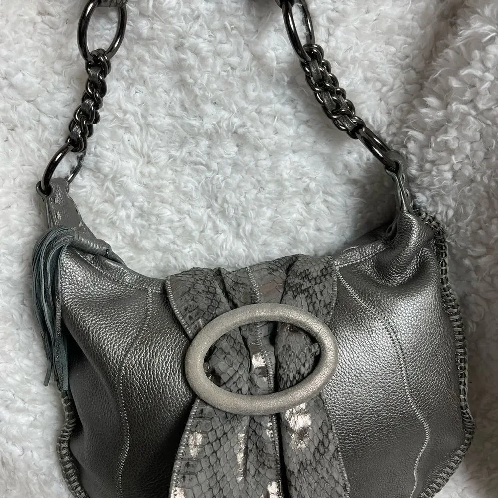 CHI by Carlos Falchil Hobo leather gray shoulder bag with shake skin flap& strap